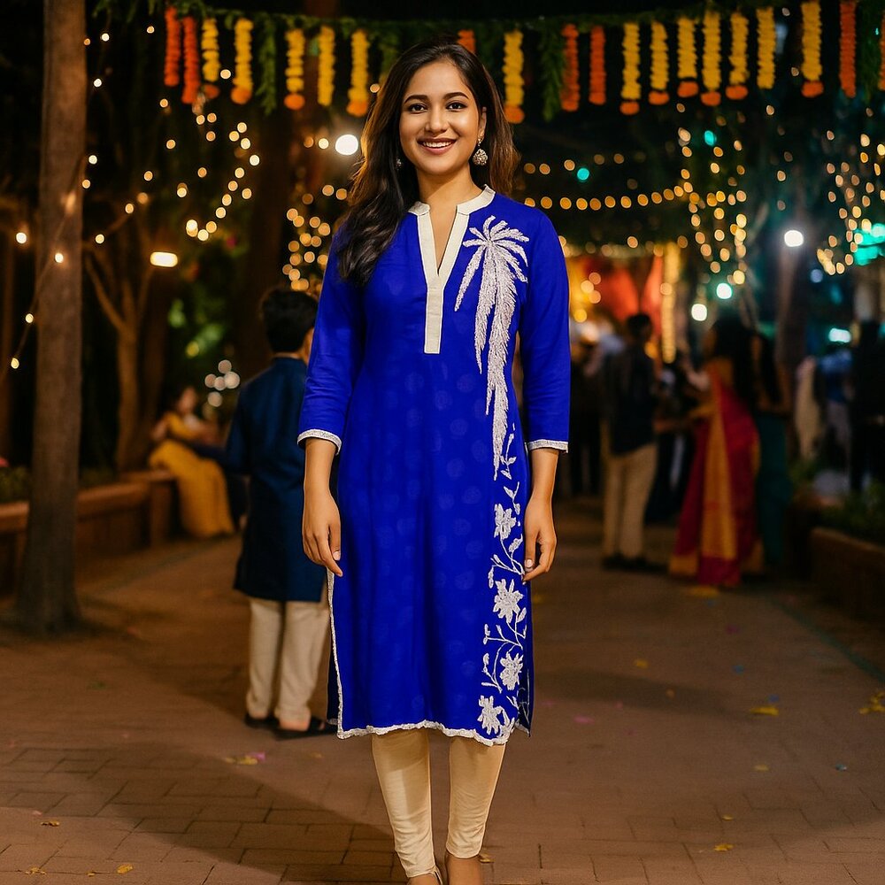 Indian Kurta Dress Women 40 Cobalt & White Detail Lace Pakistani Sheer Overlay**